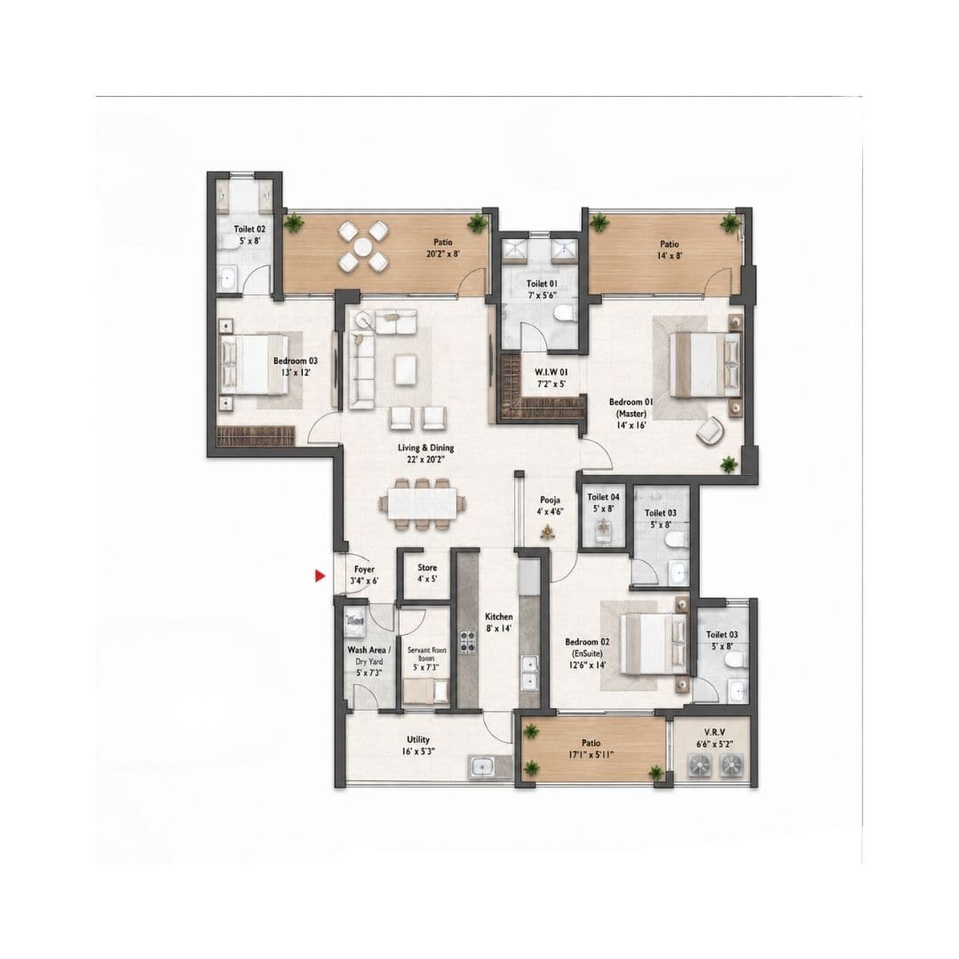 Whiteland The Aspen 76 3BHK Floor Plan