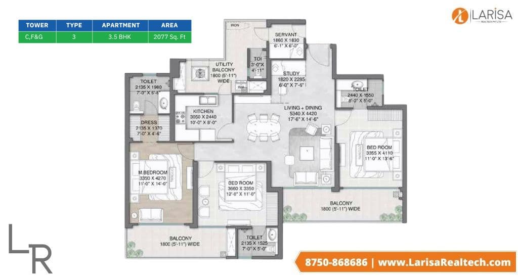 3BHK Type 1 Floor Plan