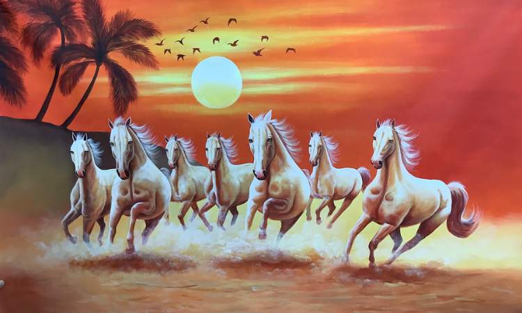 7 Horse Painting with the Sunrise Background